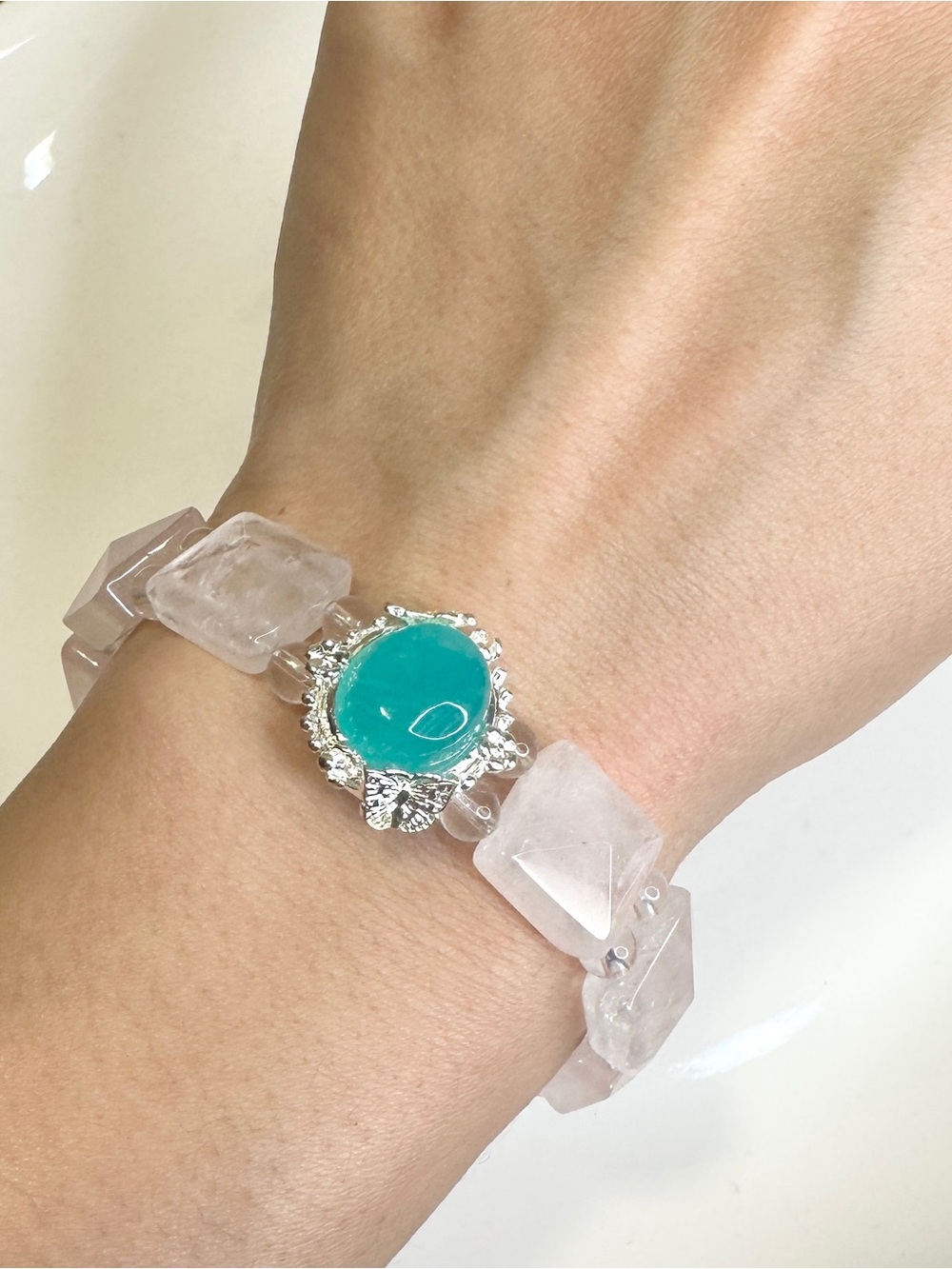 6.5 inch Clear and Rose Quartz Soft Bangle Bracelet 12mm Amazonite Centerpiece